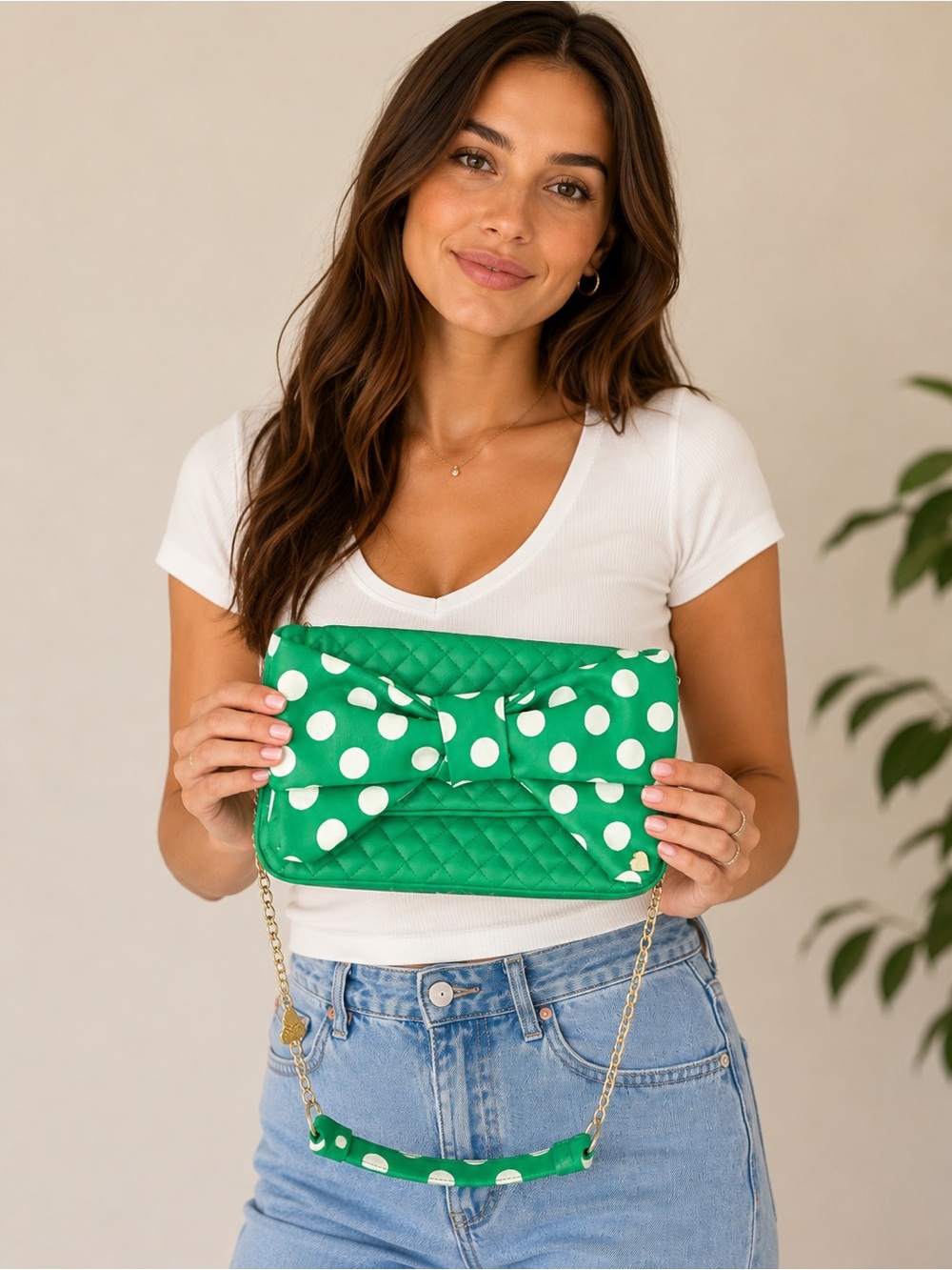 Betsey Johnson Green Polka Dot Quilted Bow Shoulder Bag NWT RARE BJ46605
